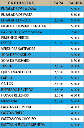 Precios a la carta