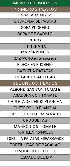 Menu de los Martes