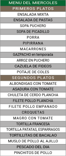 Menu de los miercoles