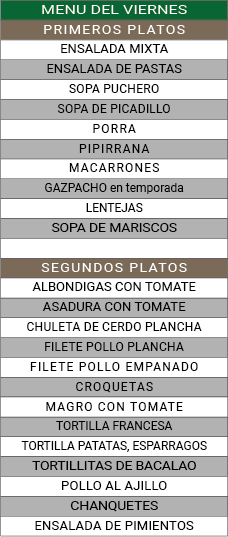 Menu de los Viernes