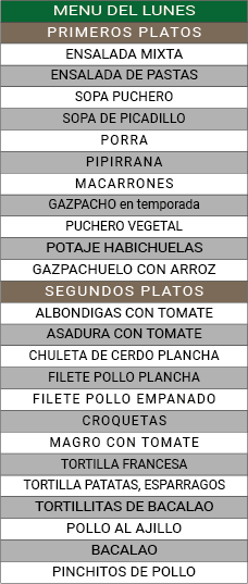 Menu de los lunes